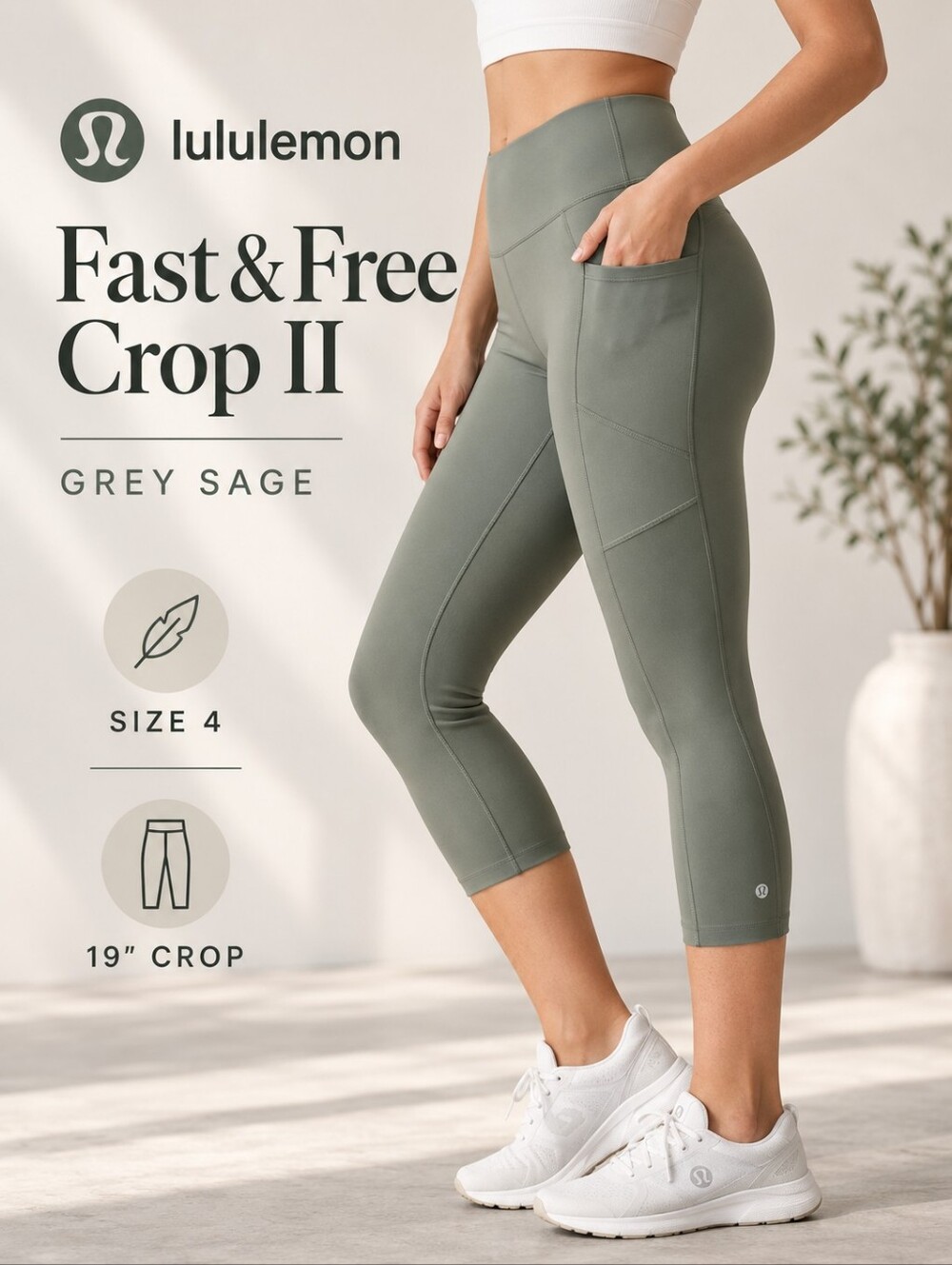 Lululemon Fast & Free Crop II 19” Grey Sage Leggings Size 4